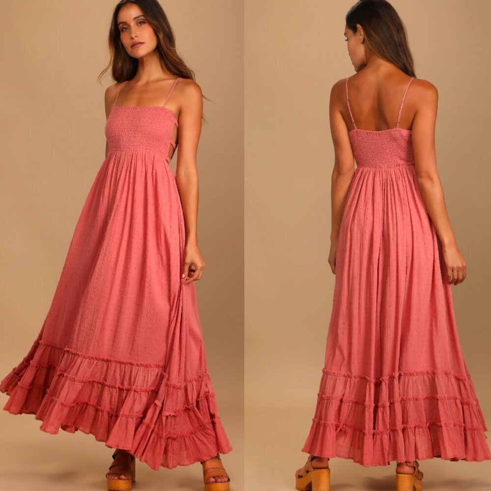 🦋 NWOT LULUS Serene Sunshine Rose Swiss Dot Smocked Cutout Tiered Maxi Dress XS